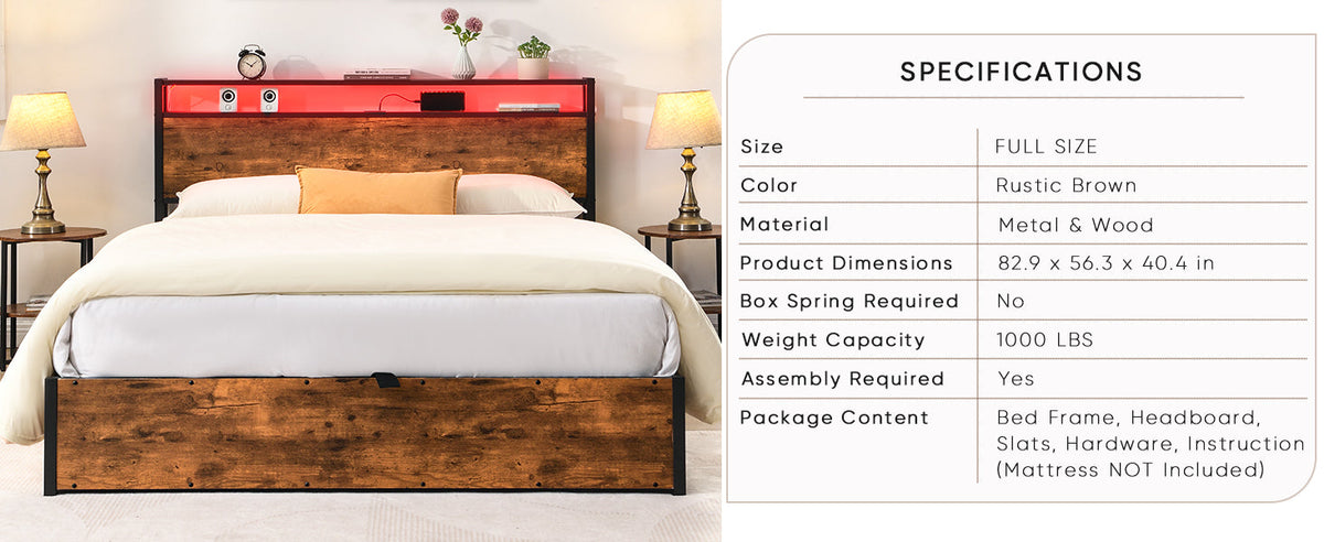 Elevating storage bed frame, full-size bed frame with bookshelf headboard and LED lights