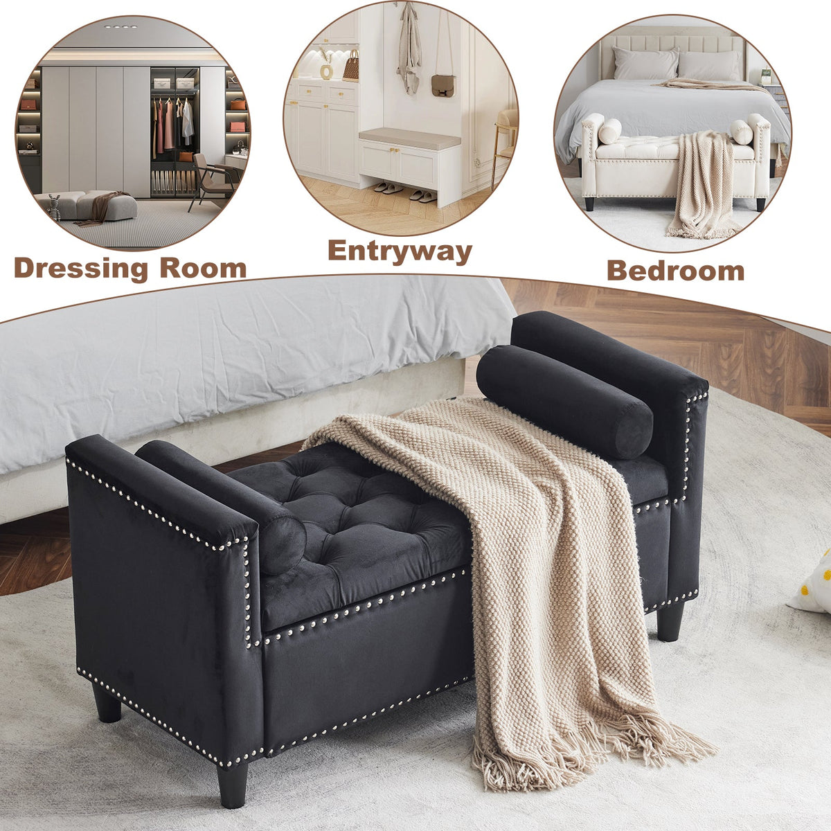 Storage Bench, 44.5-Inch Queen Velvet Button Bedside Bench