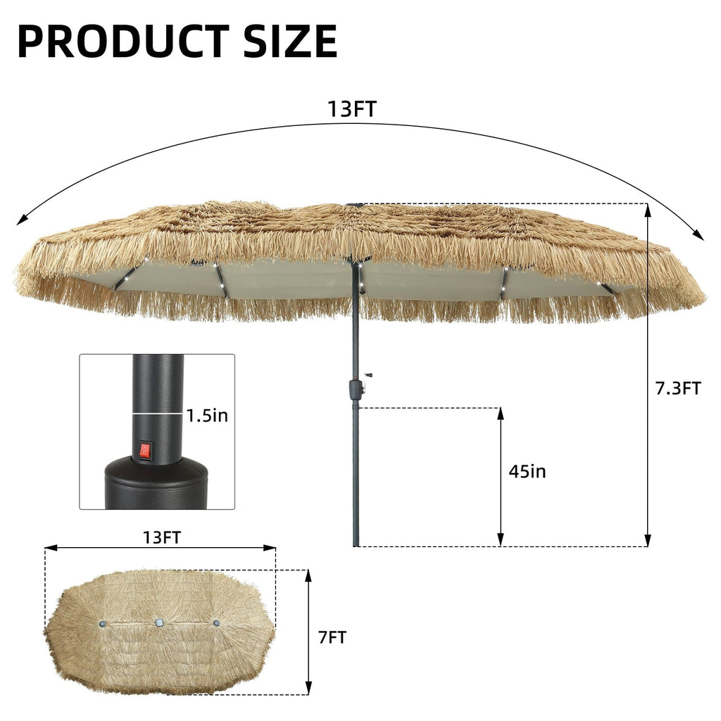 13ft Large Thatched Tiki Patio Umbrella with Solar LED Lights