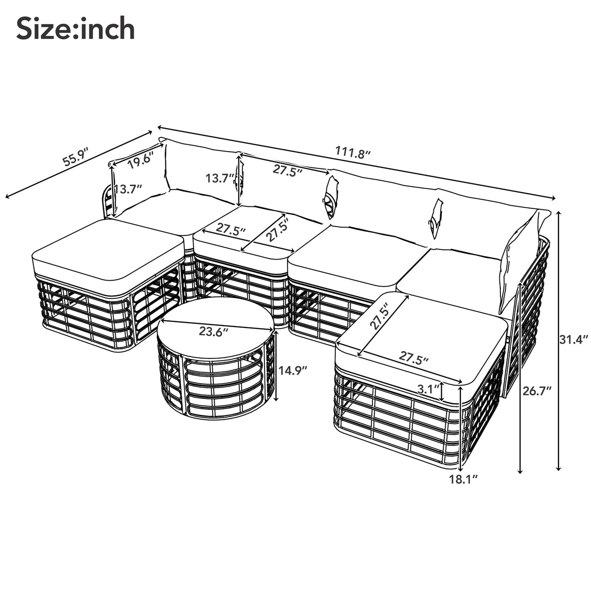 7 Pieces Outdoor Patio Furniture, All-Weather Rattan Sectional Sofa Set