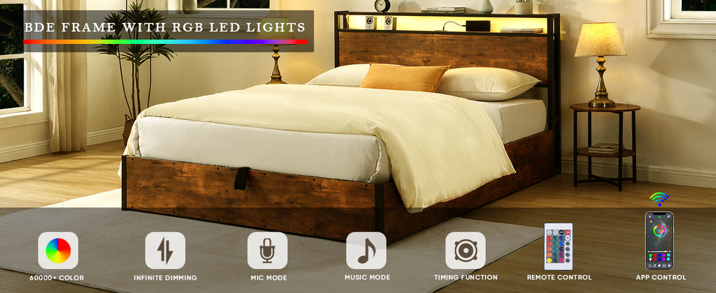 Elevating storage bed frame, full-size bed frame with bookshelf headboard and LED lights