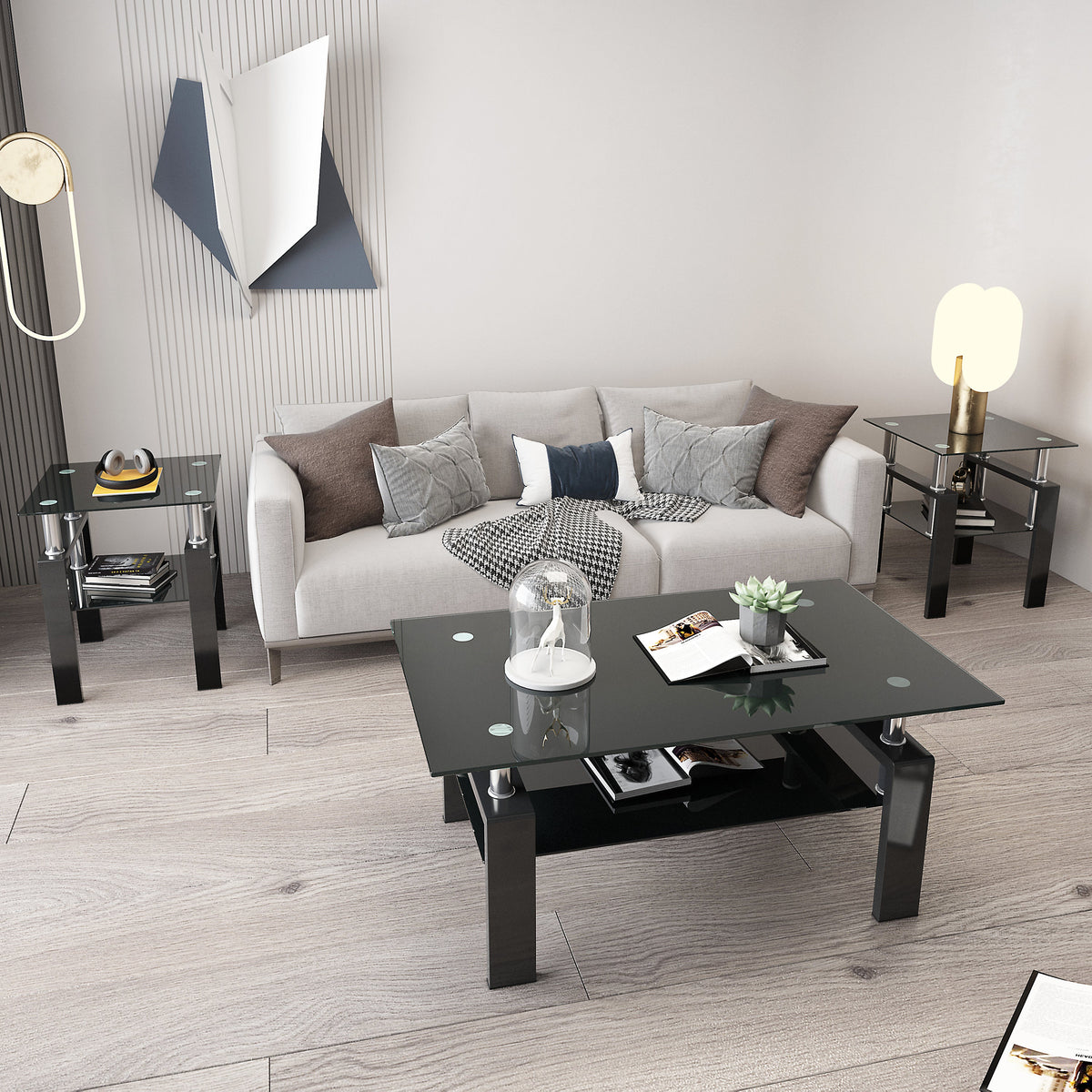 Set of 2, Modern Tempered Glass Tea Table, Coffee Table