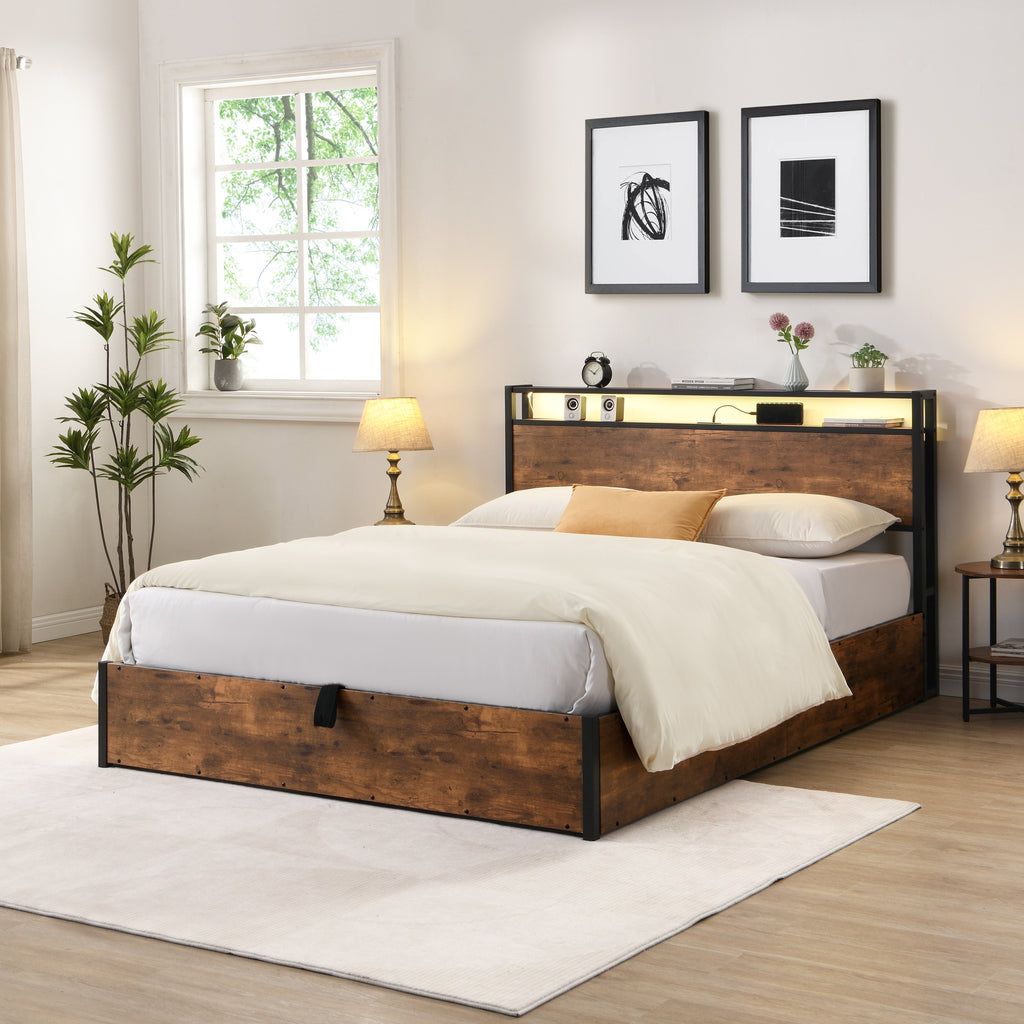 Elevating storage bed frame, full-size bed frame with bookshelf headboard and LED lights