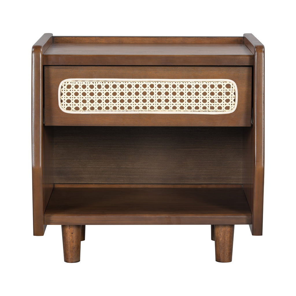 Walnut Nightstand with Rattan Detail, MDF + Solid Wood