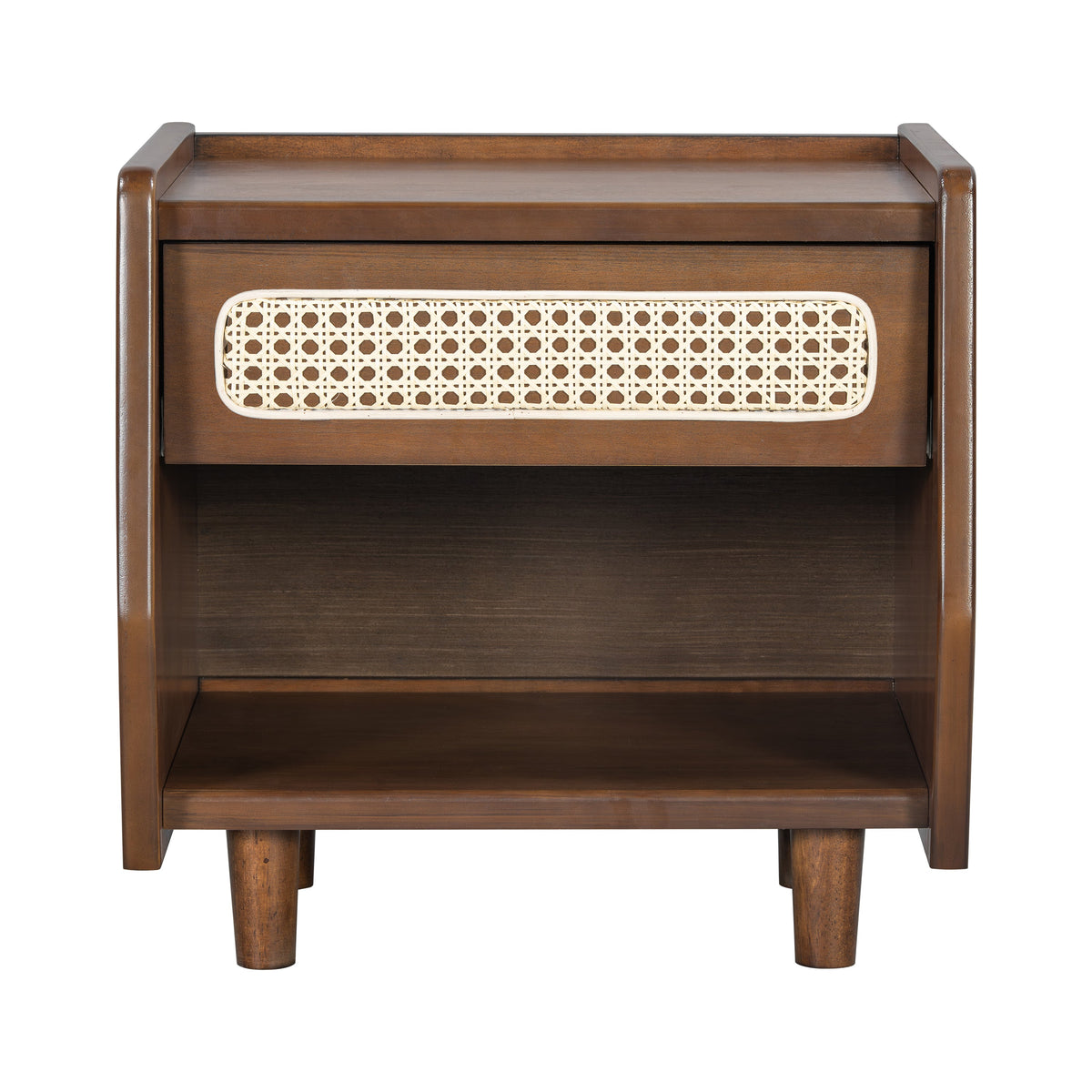 Walnut Nightstand with Rattan Detail, MDF + Solid Wood