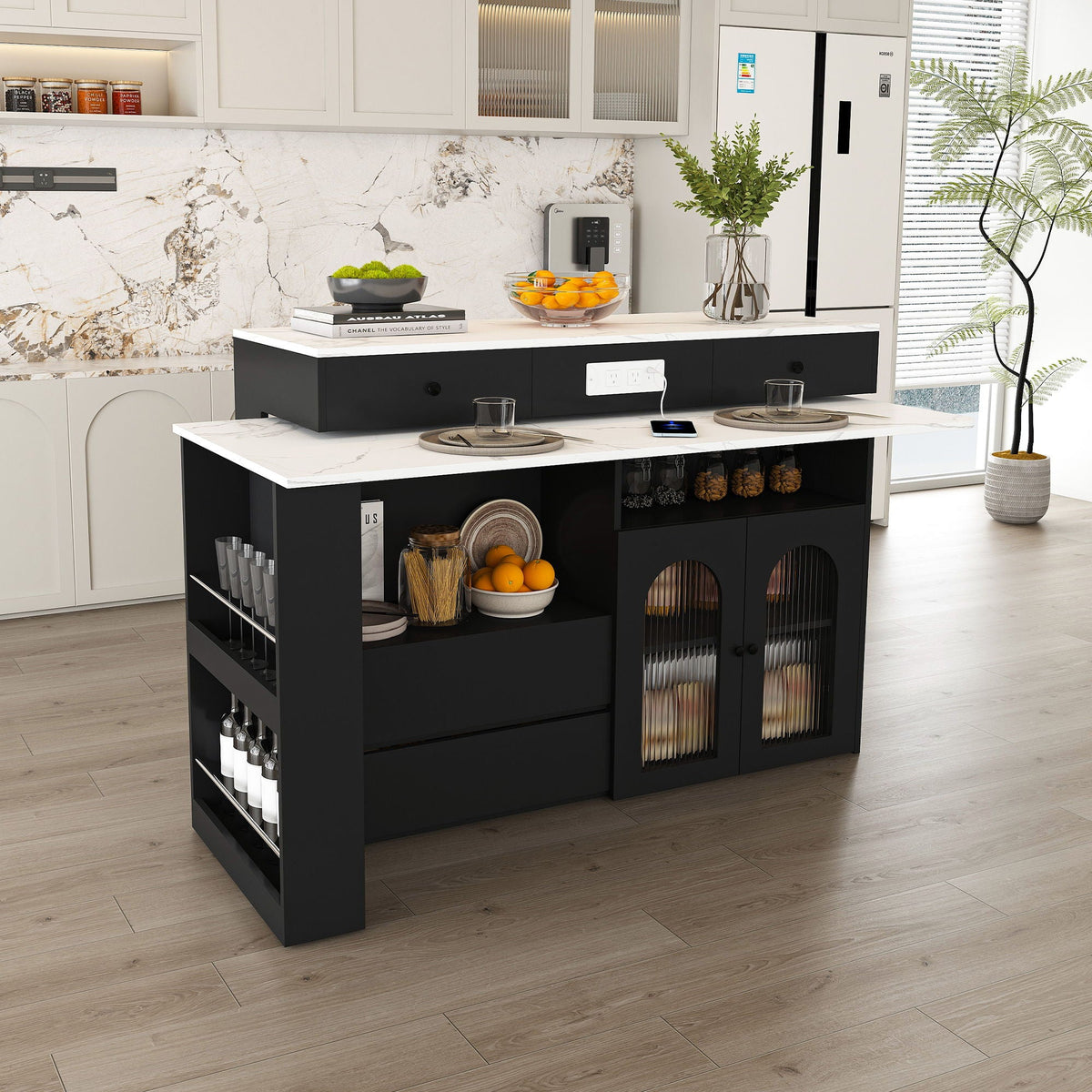 Kitchen Island, Extendable Rotating Table, 4 Drawers & Glass Doors