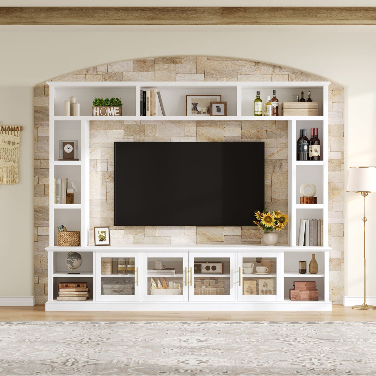 All-In-One Entertainment Center With Bookshelves & Tempered Glass Doors