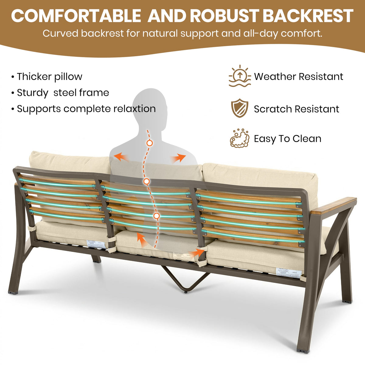 6-Piece Patio Furniture Set with Steel Frame Sofa & Acacia Wood Table