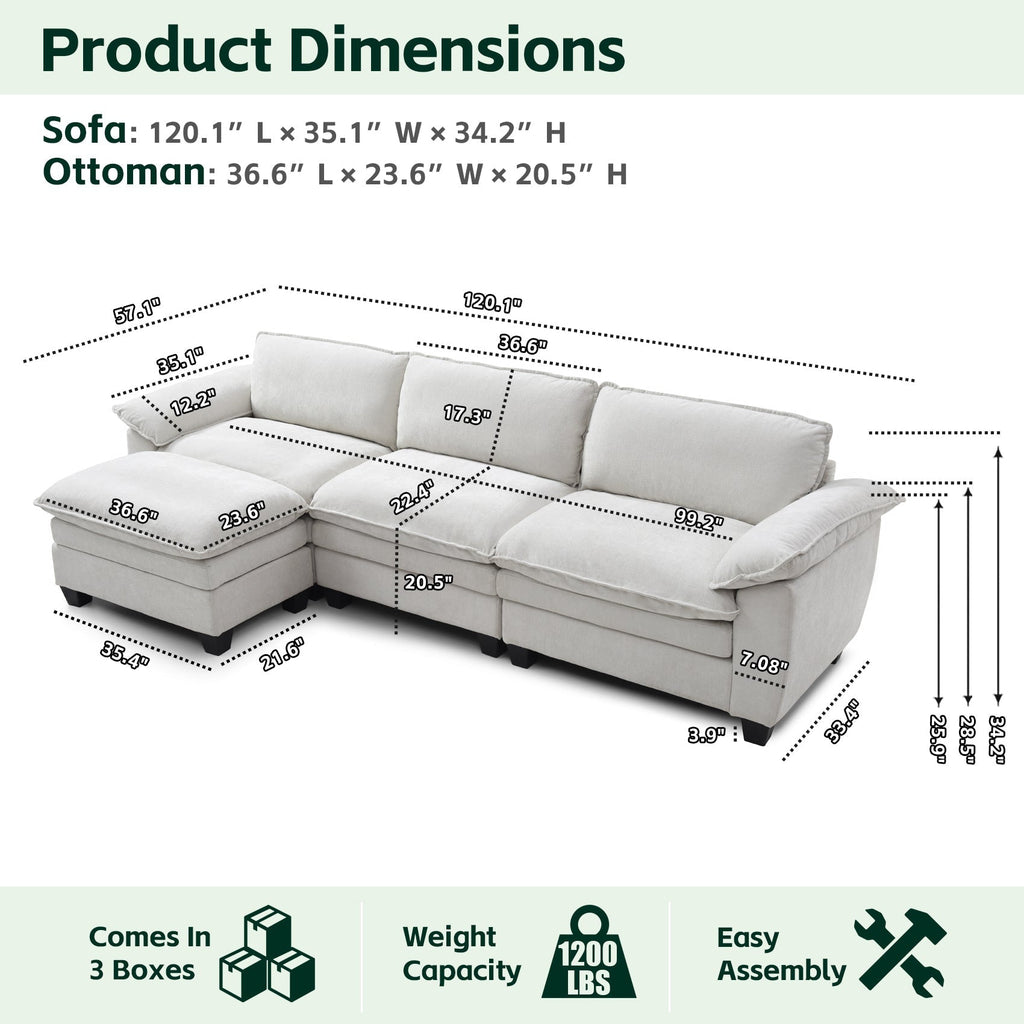 Living Room Sofa Luxury Couch with Ottoman in Soft Chenille