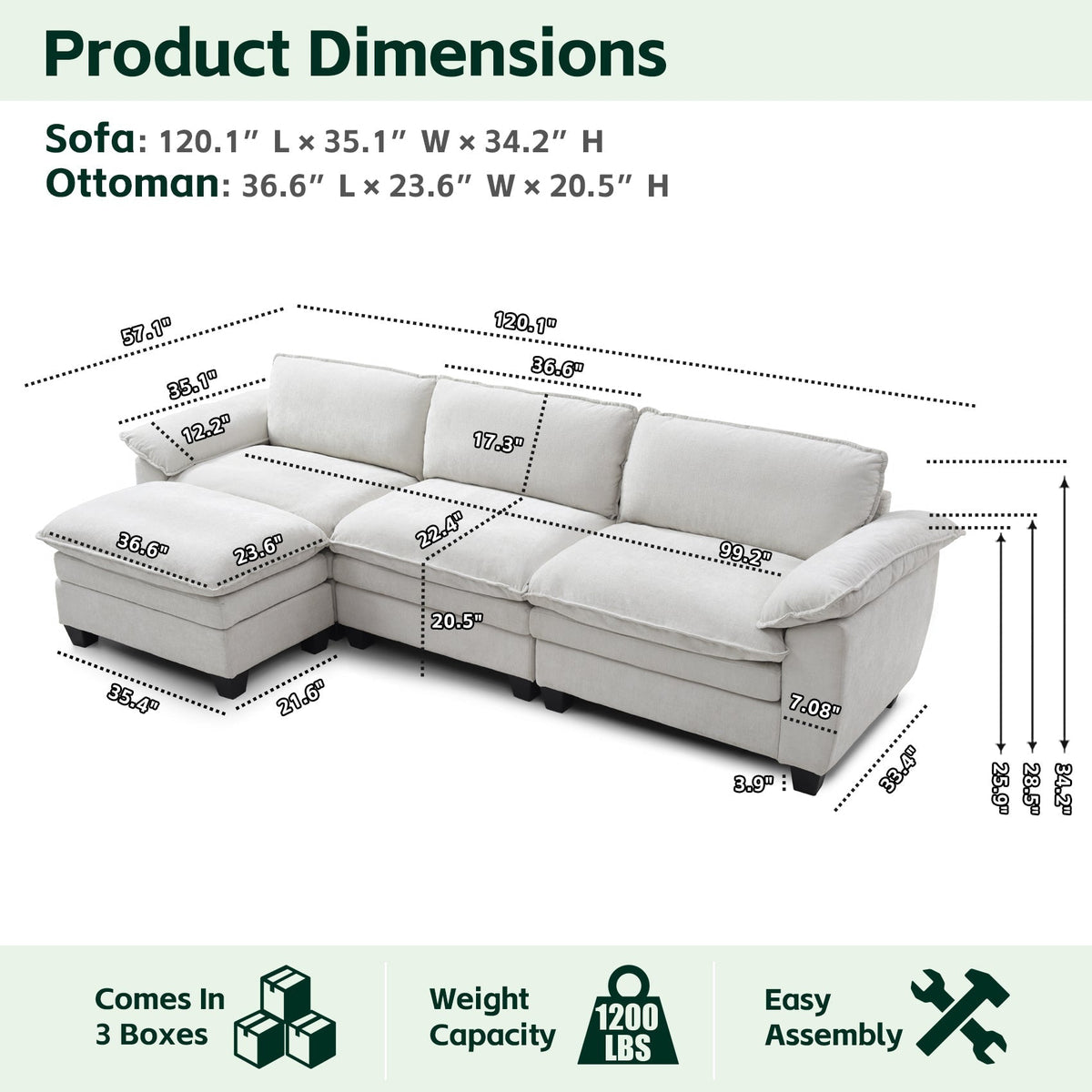 Living Room Sofa Luxury Couch with Ottoman in Soft Chenille
