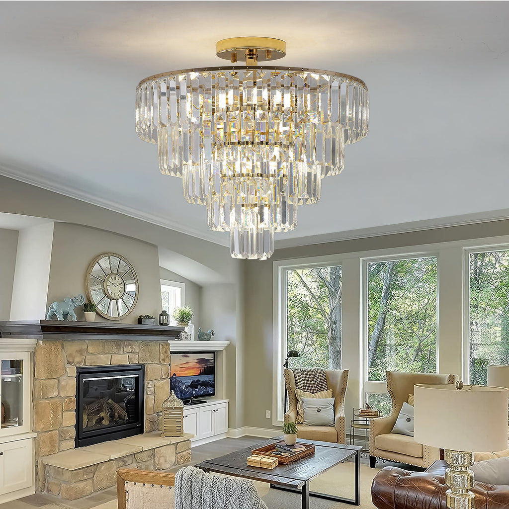 Gold Crystal Chandeliers,5-Tier Round Semi Flush Mount Chandelier