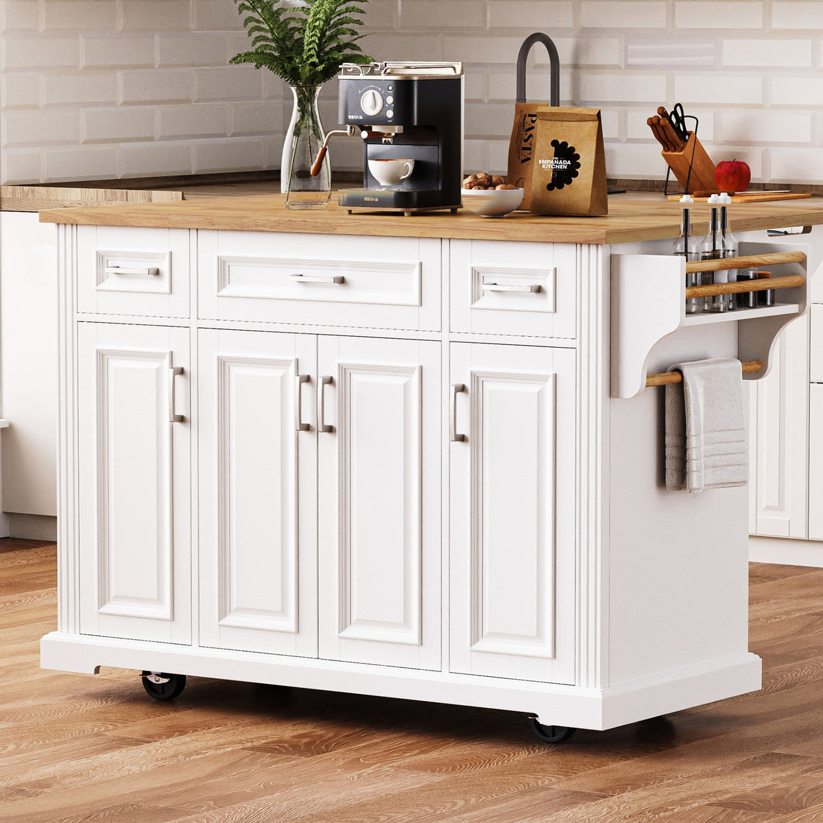 54-Inch Large Kitchen Island with Rubber Wood Drop Leaf