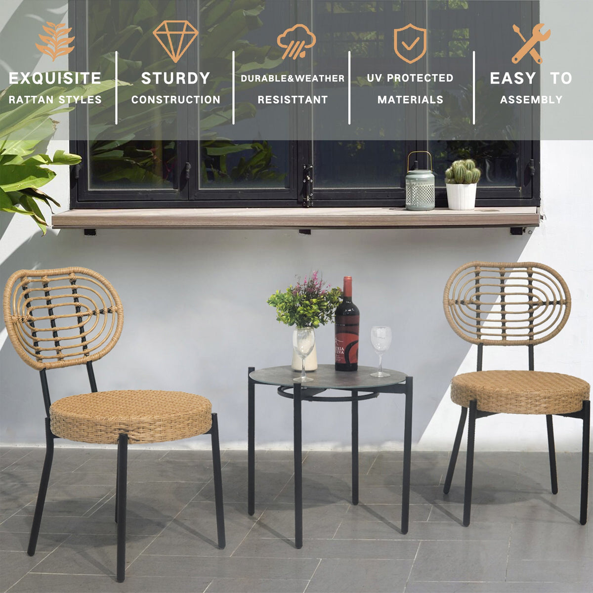 3 Pieces Of Outdoor Wicker Furniture - Patio Bistro Style Table And Chair Combination