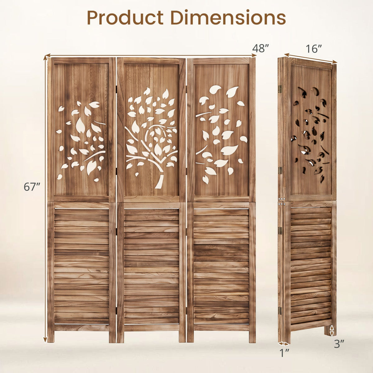 3-Panel Folding Room Divider 67" with Tree Cutout Design