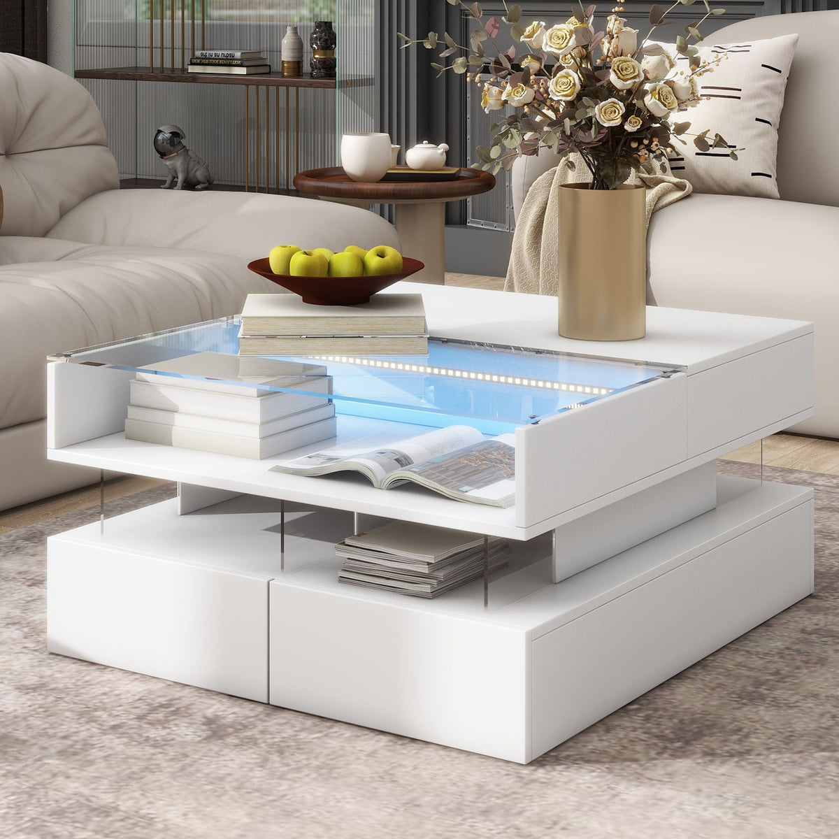 Lift Top Coffee Table With 2 Drawers, Hidden Space And LED Lights
