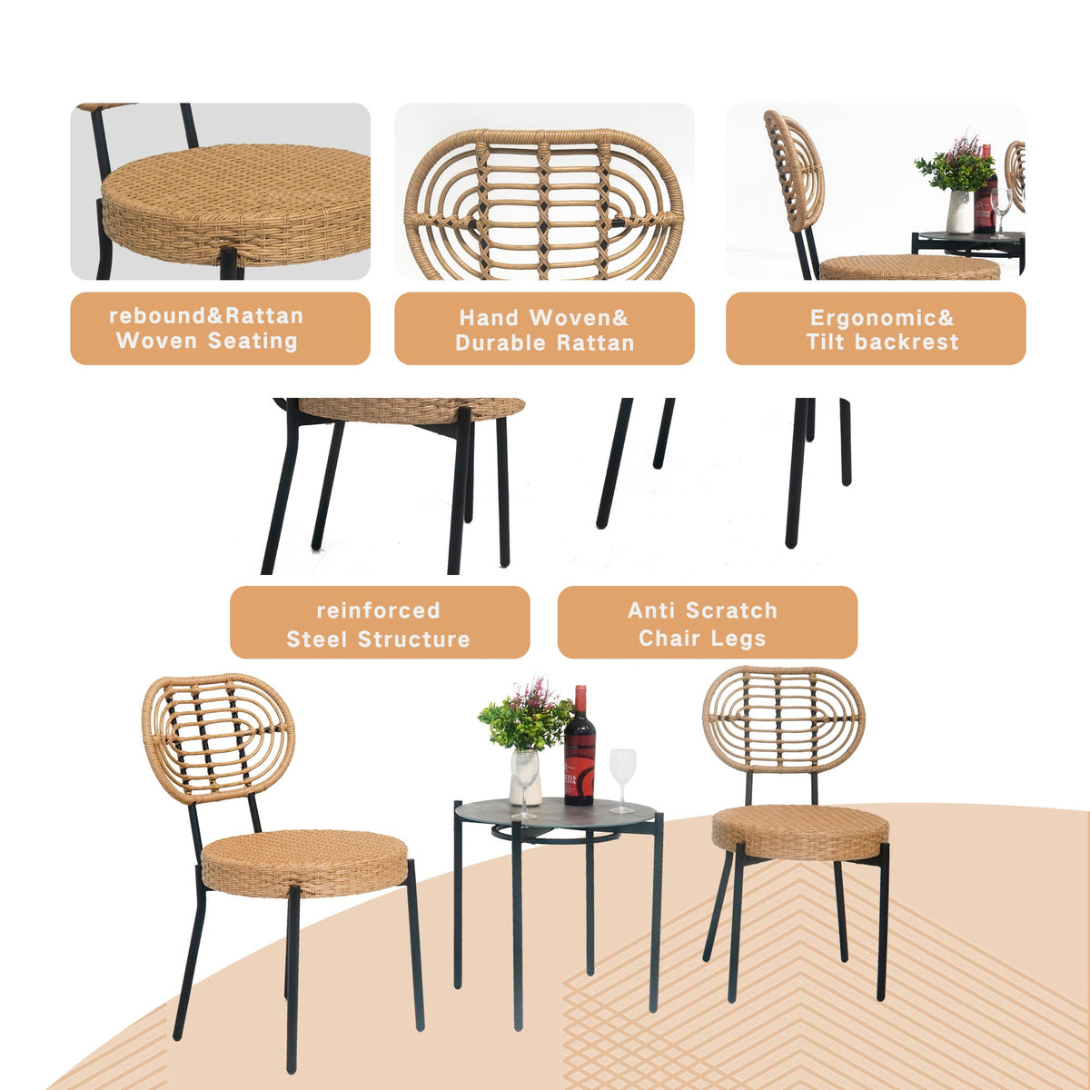 3 Pieces Of Outdoor Wicker Furniture - Patio Bistro Style Table And Chair Combination