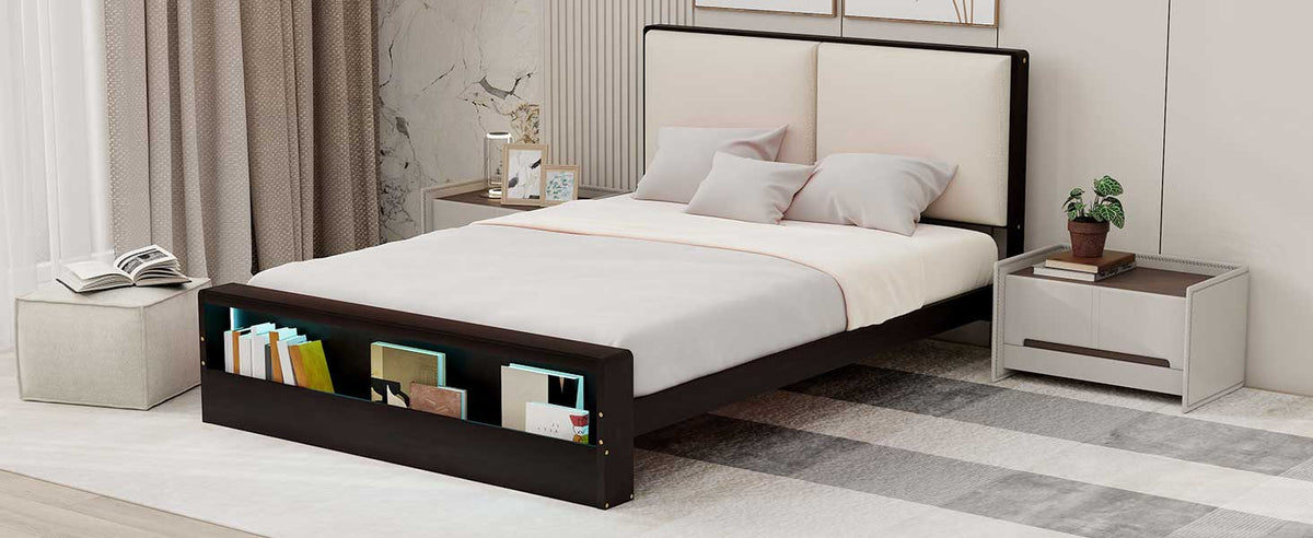 Queen Size Platform Bed Frame with Upholstery Headboard and Bookshelf