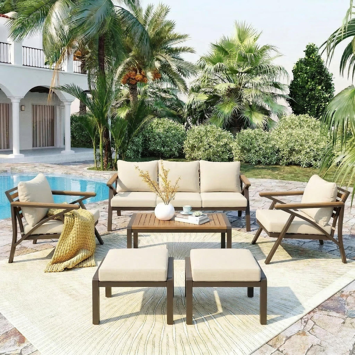 6-Piece Patio Furniture Set with Steel Frame Sofa & Acacia Wood Table