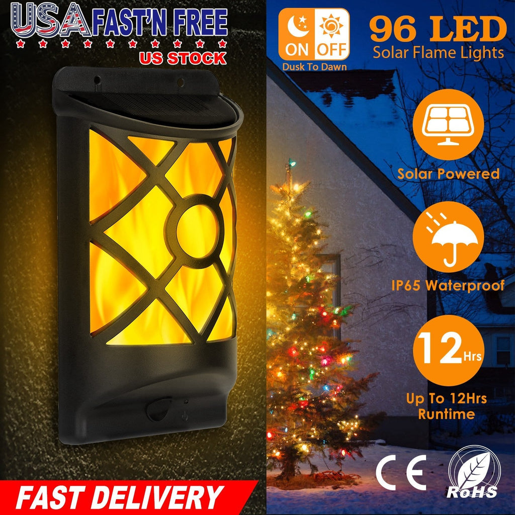 Flame Solar Lights 96 LEDs Waterproof Flickering Flame Wall Mount Lamp Auto On Off
