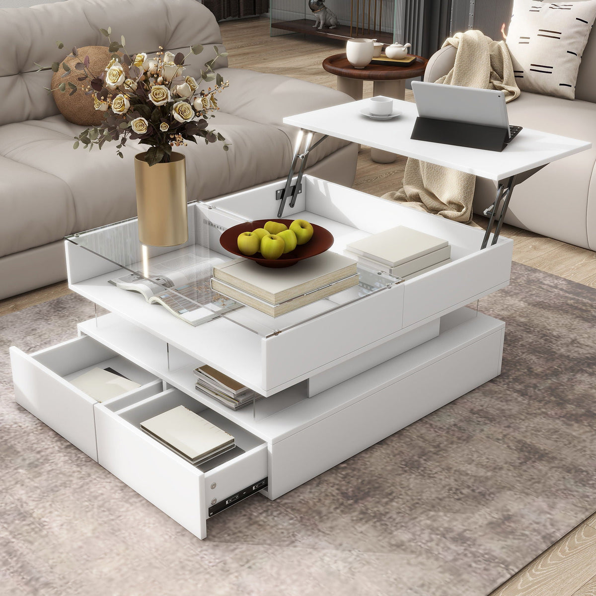 Lift Top Coffee Table With 2 Drawers, Hidden Space And LED Lights