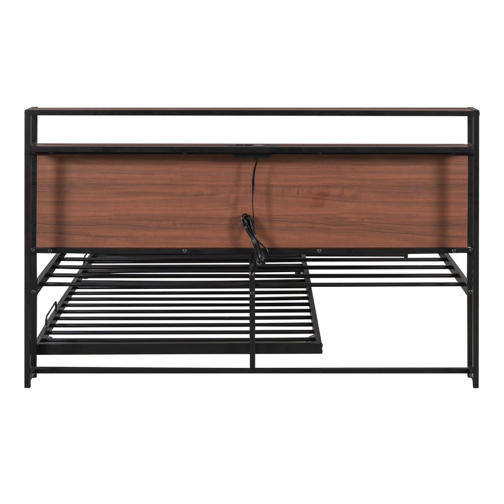 Queen Size Metal Platform Bed Frame with Trundle, USB Ports and Slat Support