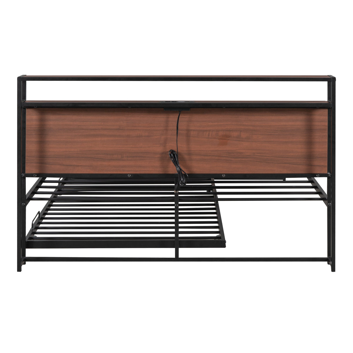 Queen Size Metal Platform Bed Frame with Trundle, USB Ports and Slat Support