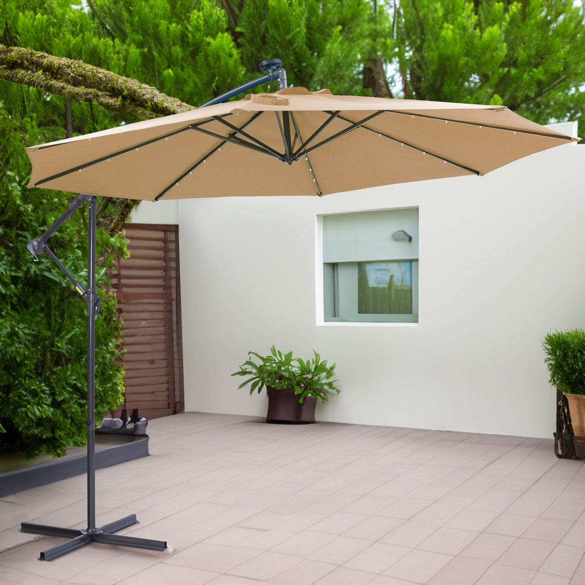 10 FT Solar LED Patio Outdoor Umbrella Hanging Cantilever Umbrella Offset Umbrella