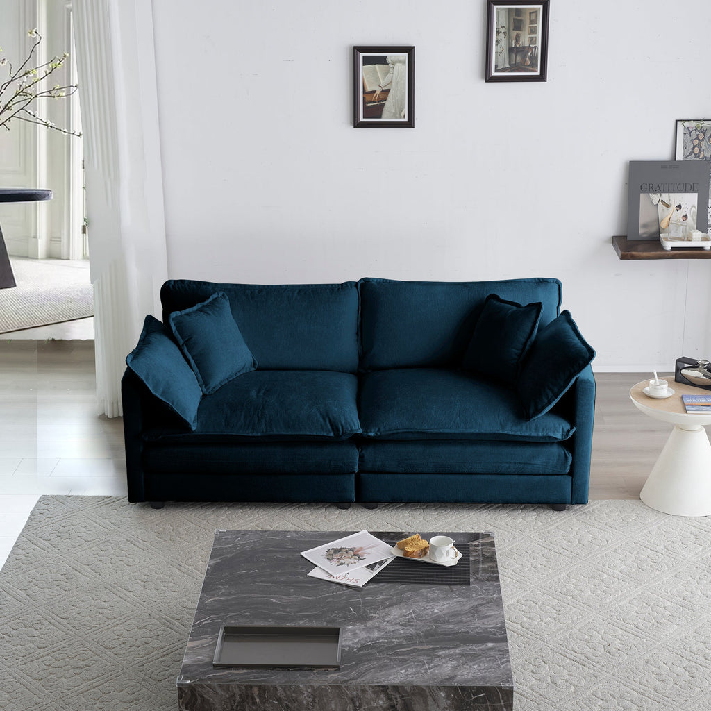 Modern Fabric Loveseat, Large Size Deep 2-Seat Sofa with 4 Pillows ,Blue Chenille