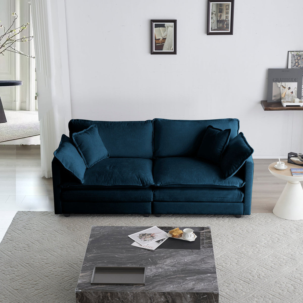 Modern Fabric Loveseat, Large Size Deep 2-Seat Sofa with 4 Pillows ,Blue Chenille