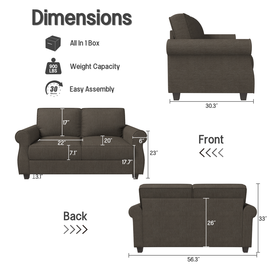 Sofa with Solid Wood Frame, Extra Deep Seats, Modern 2 Seater Sofa