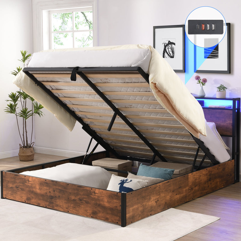 Elevating storage bed frame, full-size bed frame with bookshelf headboard and LED lights