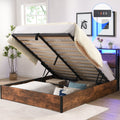 Elevating storage bed frame, full-size bed frame with bookshelf headboard and LED lights