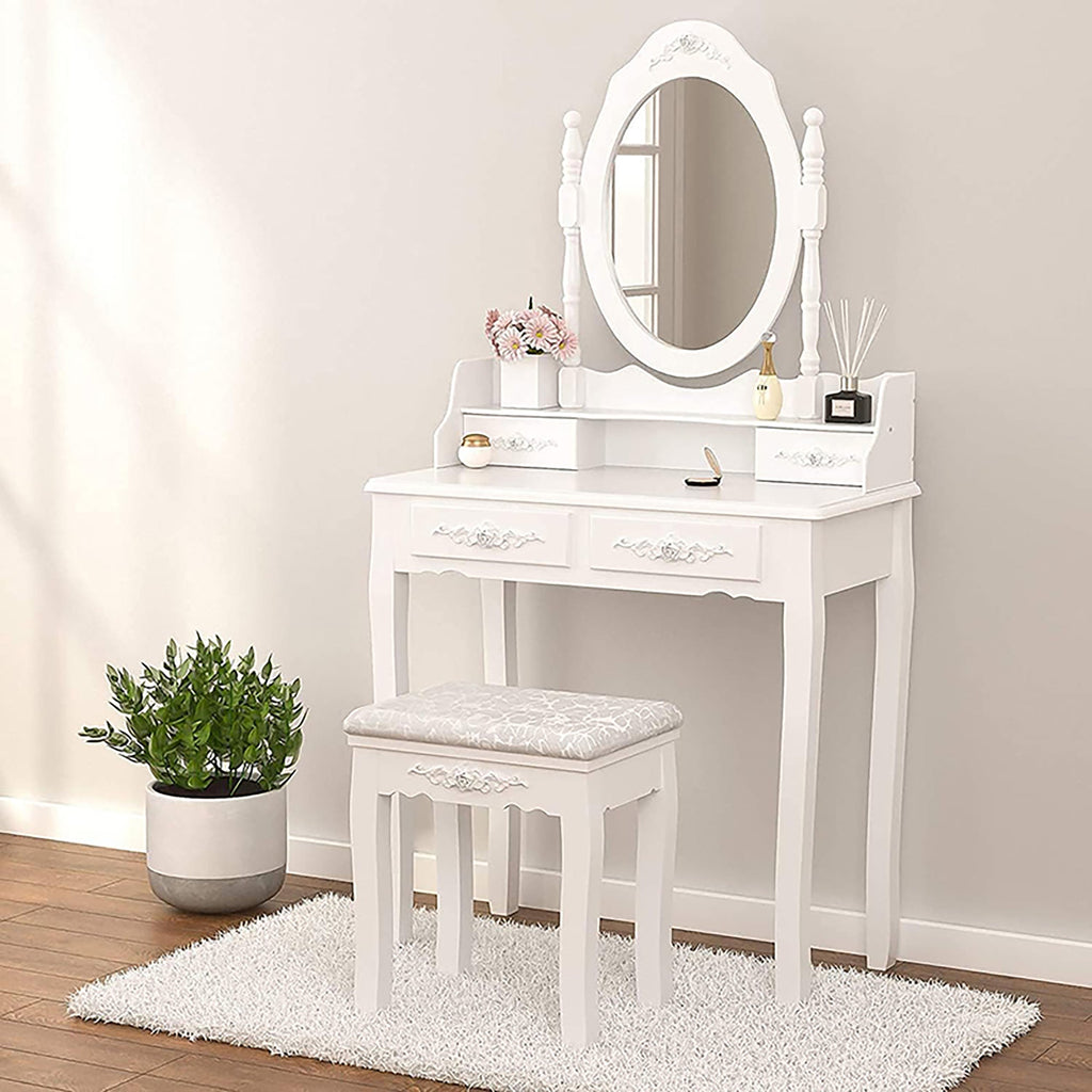 Vanity Table Set with 4 Drawer, Makeup Dressing Table w/Cushioned Stool