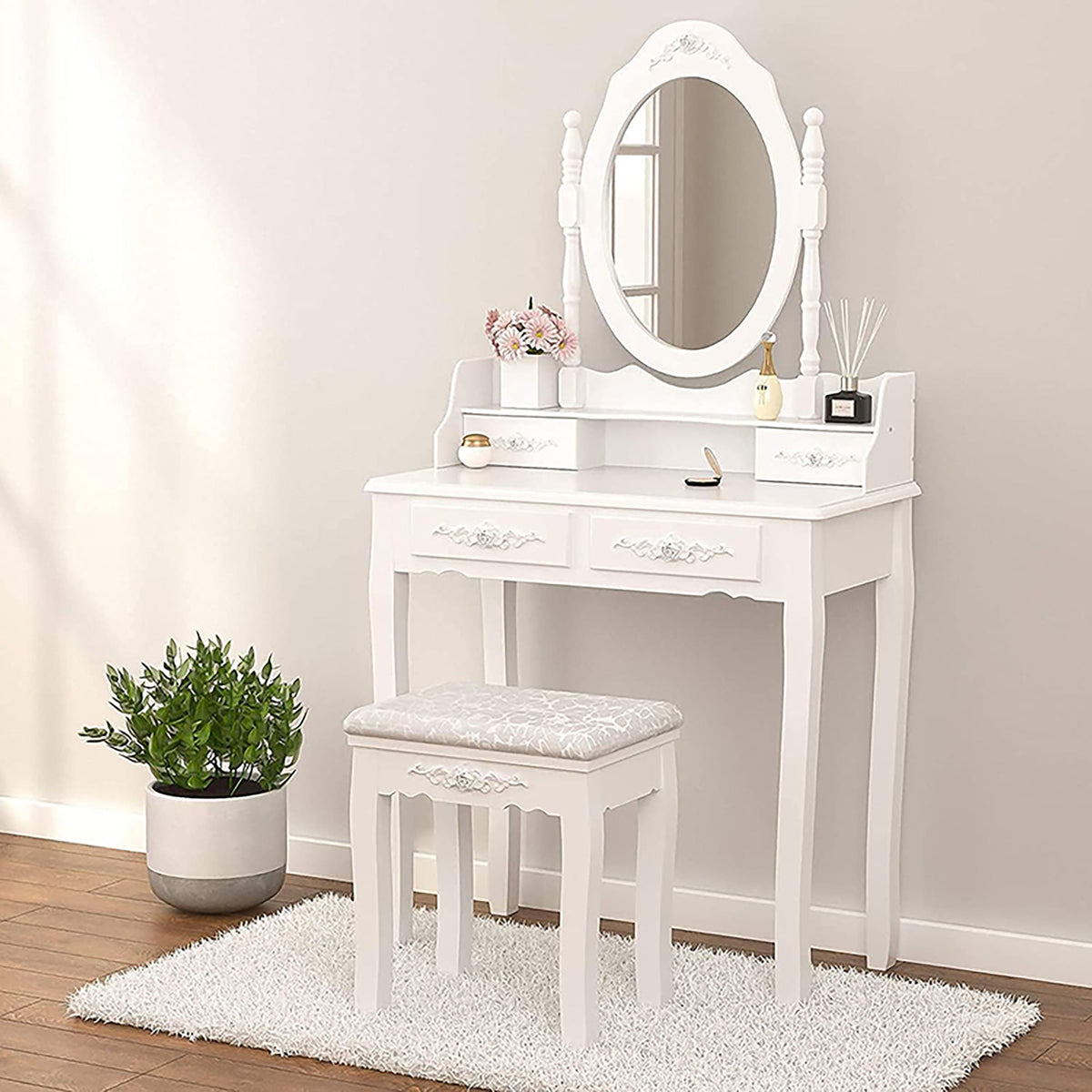 Vanity Table Set with 4 Drawer, Makeup Dressing Table w/Cushioned Stool