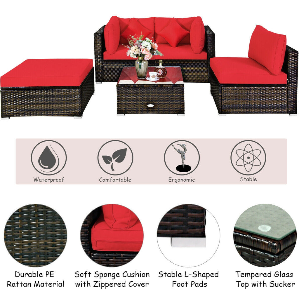 5 Pcs Patio Rattan Furniture Set, Sectional Navy Cushions-Turquoise