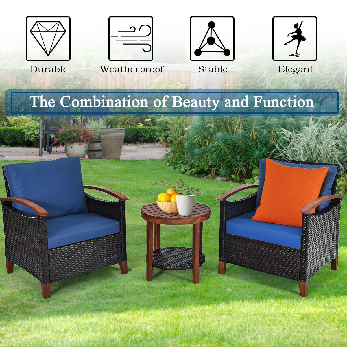 3 Pieces Patio Rattan Set with Washable Cushion and Acacia Tabletop