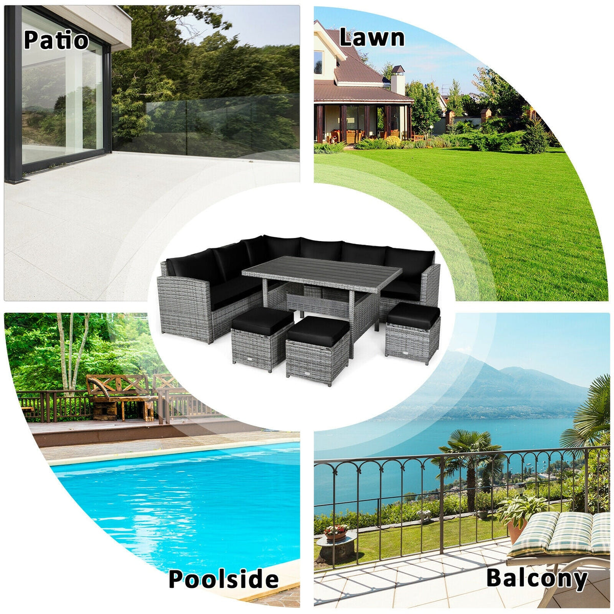 7 Pieces Patio Rattan Dining Sectional Sofa Set with Wicker Ottoman