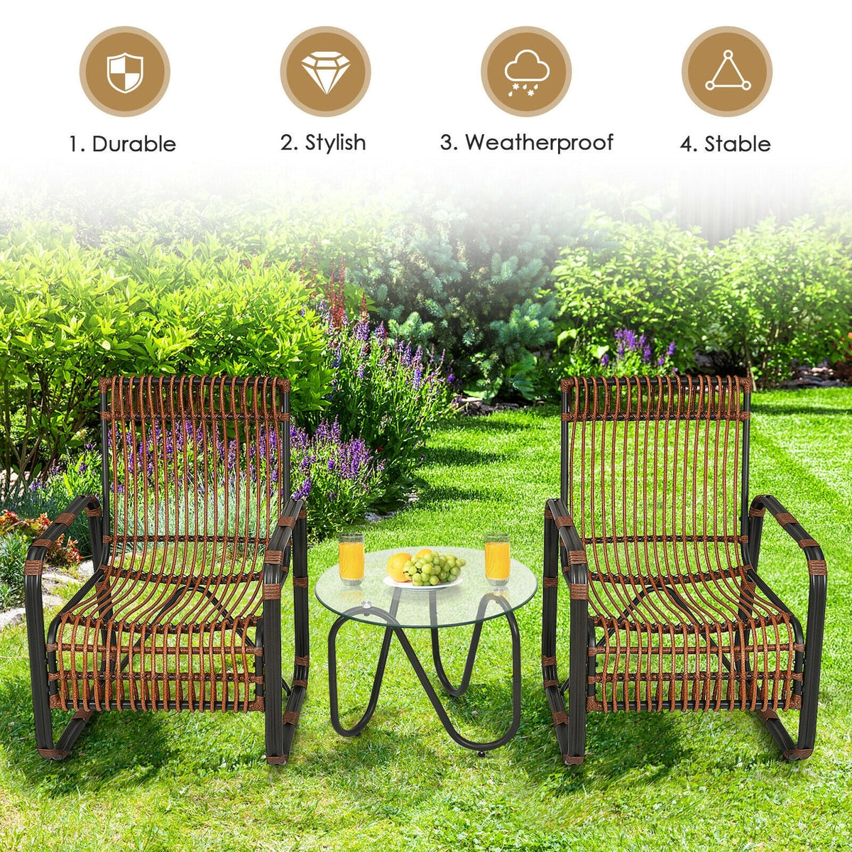 3 Pieces Patio Rattan Set with 2 Single Wicker Chairs and Glass Side Table