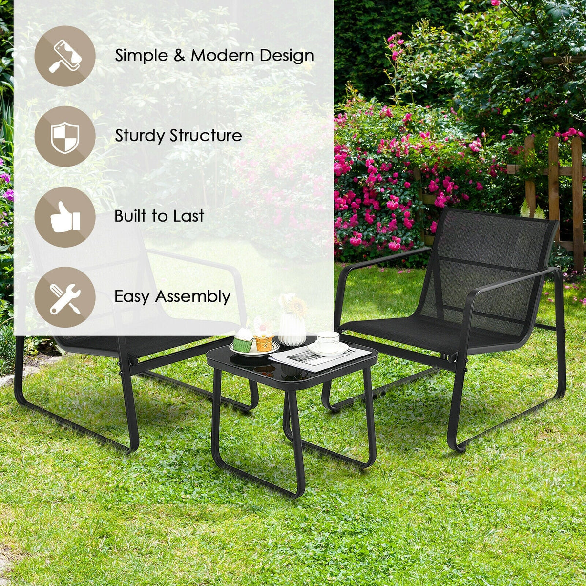 3 Pieces Patio Set with Glass Top Table Garden Deck-Black