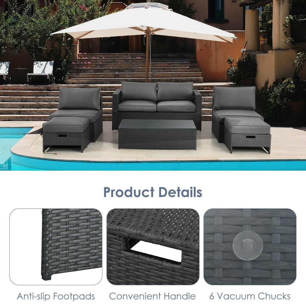 6 Pieces Patio Rattan Set with Glass Table and Cushioned Seat-Gray