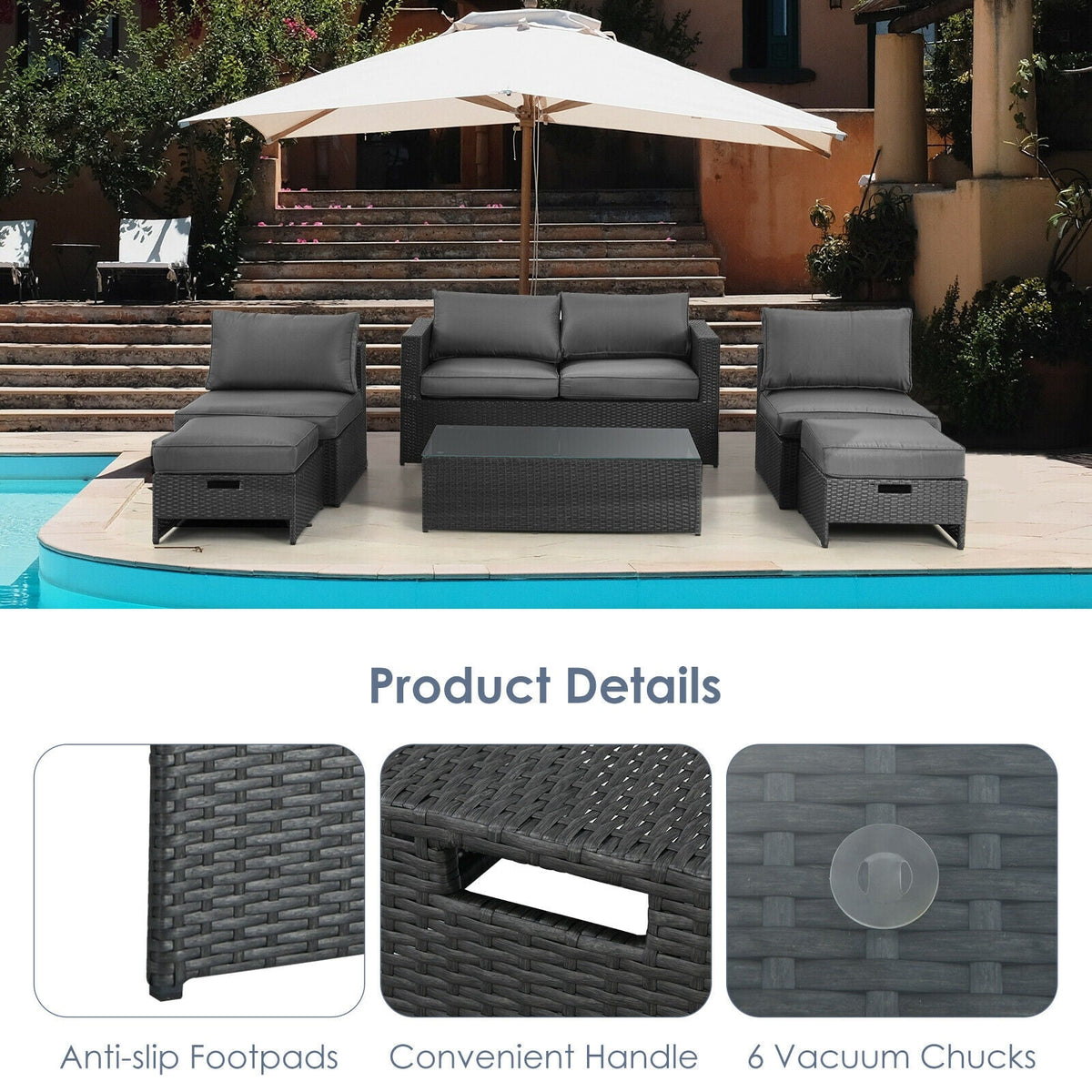 6 Pieces Patio Rattan Set with Glass Table and Cushioned Seat-Gray
