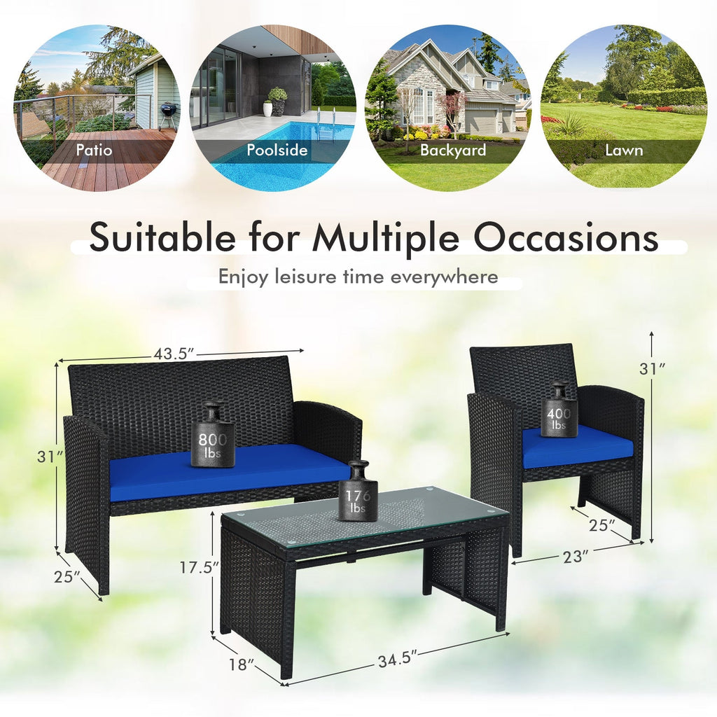 4 Pieces Rattan Patio Set with Weather Resistant Cushions and Glass Tabletop