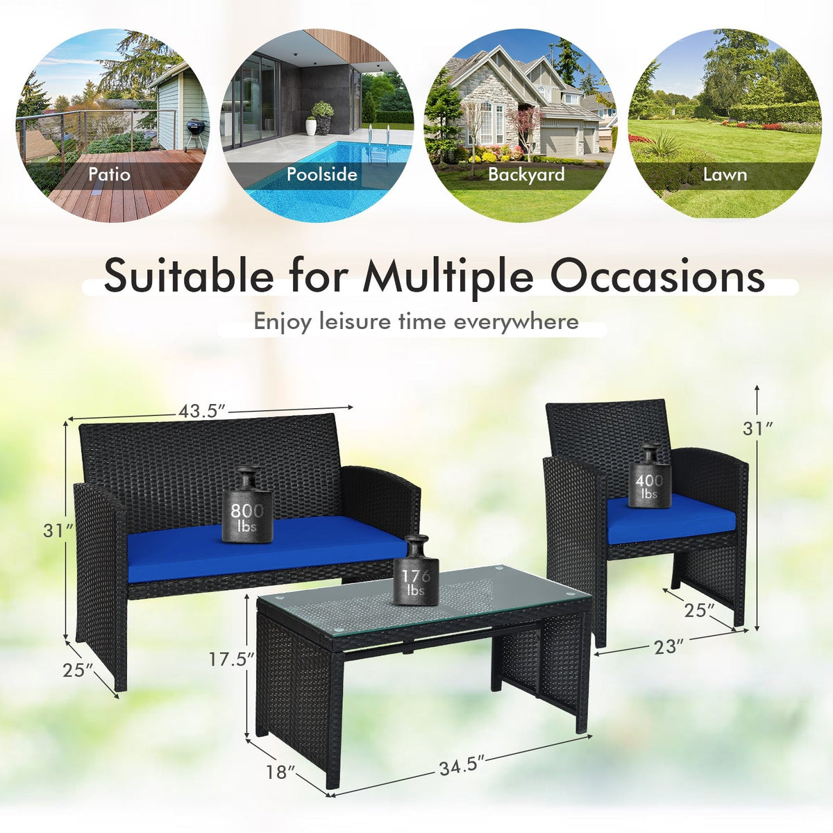 4 Pieces Rattan Patio Set with Weather Resistant Cushions and Glass Tabletop