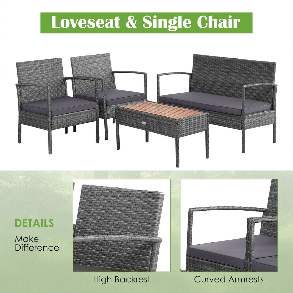 4 Pieces Rattan Patio Conversation Set with Acacia Wood Tabletop