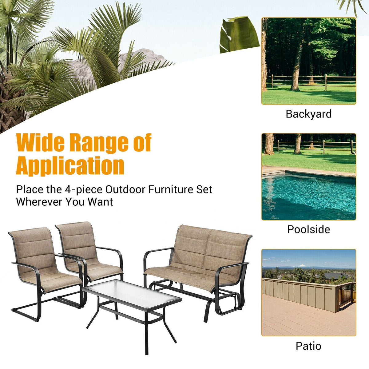 4 Pieces Patio Set with Padded Glider Loveseat and Coffee Table-Brown