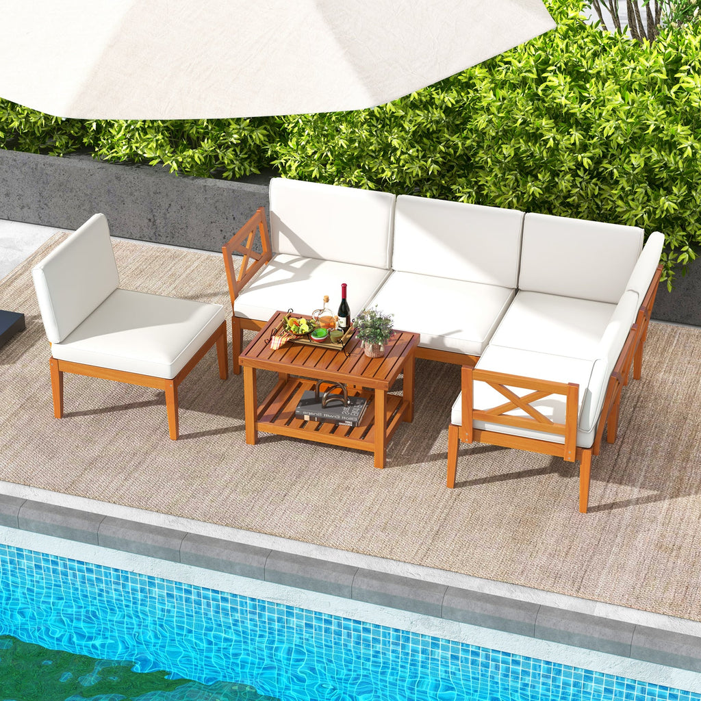 6 Pieces Acacia Wood Patio Set with Cushions and 2-Tier Coffee Table