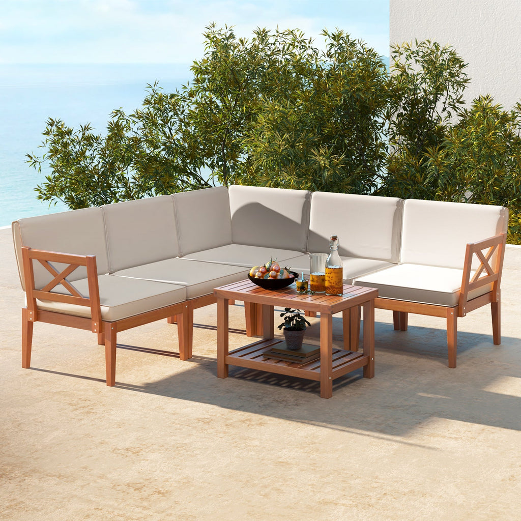 6 Pieces Acacia Wood Patio Set with Cushions and 2-Tier Coffee Table