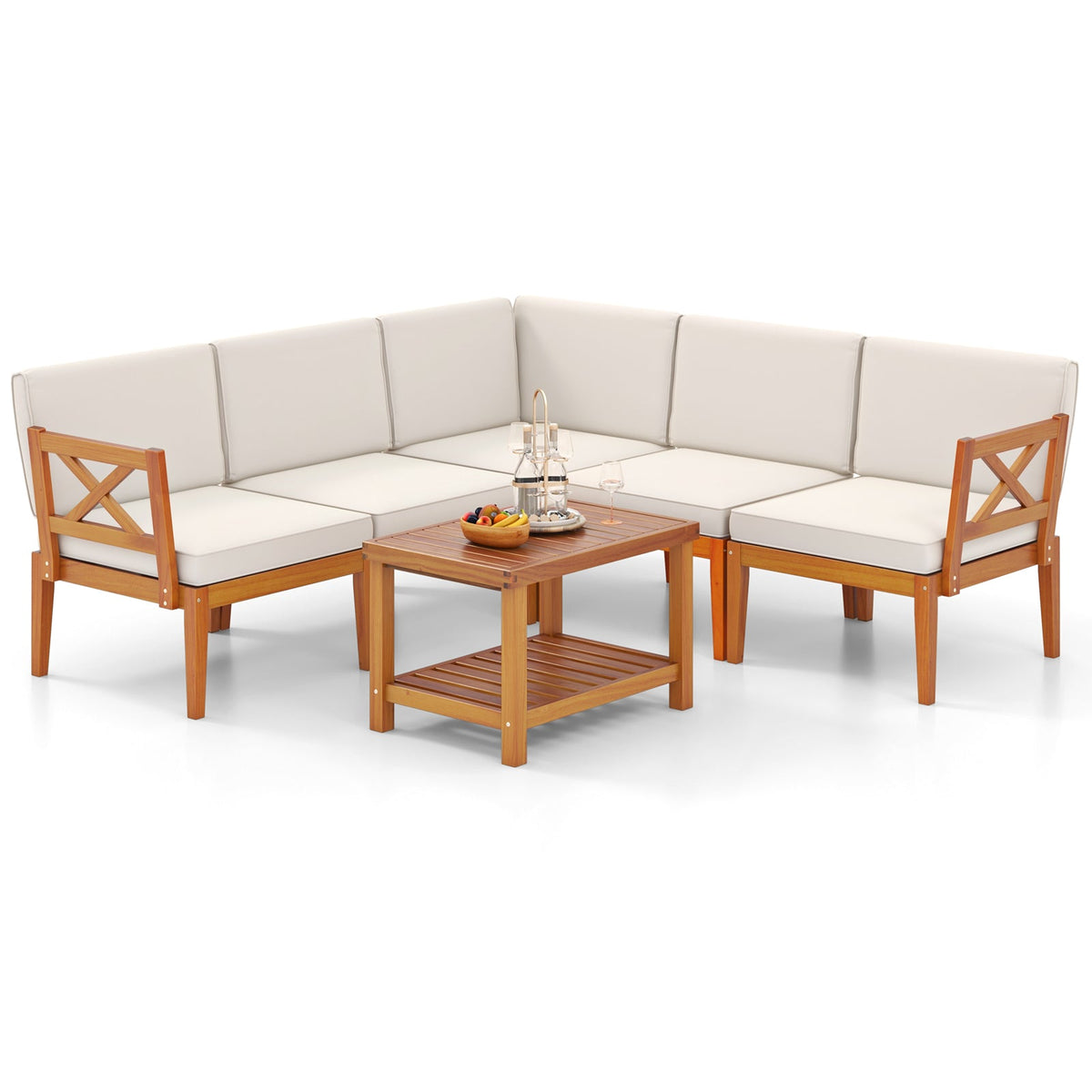 6 Pieces Acacia Wood Patio Set with Cushions and 2-Tier Coffee Table