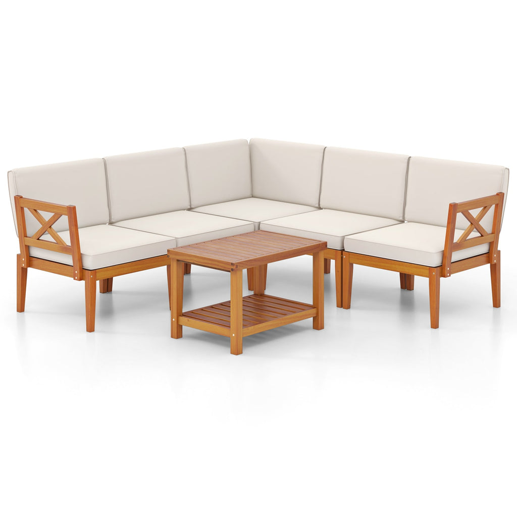 6 Pieces Acacia Wood Patio Set with Cushions and 2-Tier Coffee Table