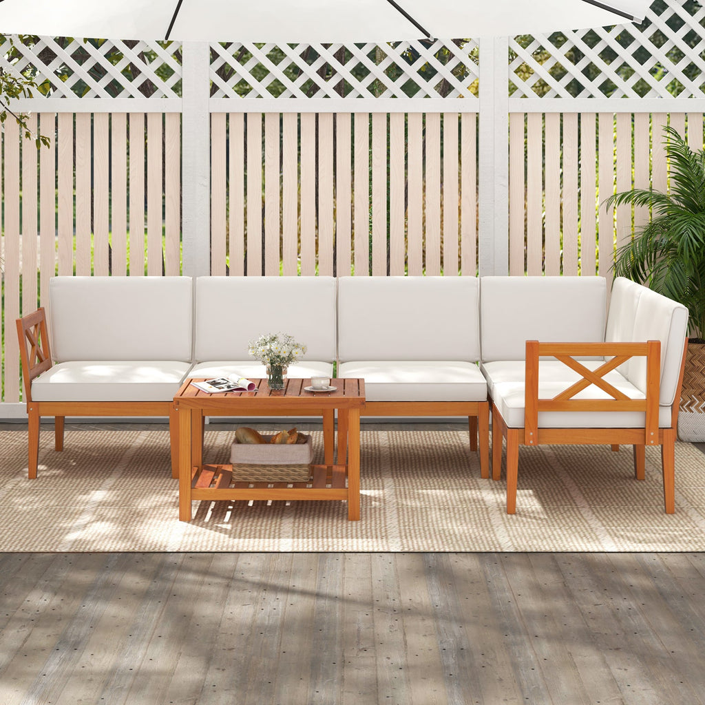 6 Pieces Acacia Wood Patio Set with Cushions and 2-Tier Coffee Table